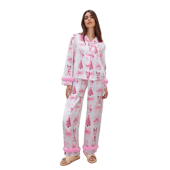 AIGUR Mommy and Me Matching Pajamas Bow Deer Print Button Down Long Sleeve Lapel Tops Pants Family Sleepwear