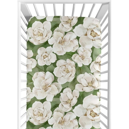UPC: 0846480099123 | Sage Green and Ivory Watercolor Magnolia Fitted Crib Sheet Girl by Sweet Jojo Designs