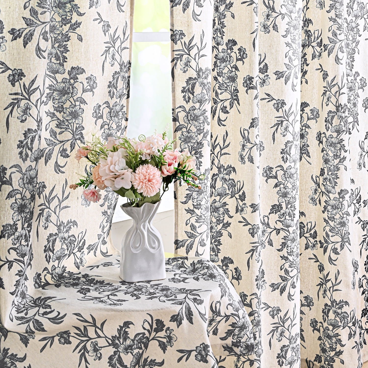 Alishomtll Floral Curtains for Living Room Farmhouse Country Linen Curtains Light Filtering Window Drapes,Black ,52"x84", 2 Panels