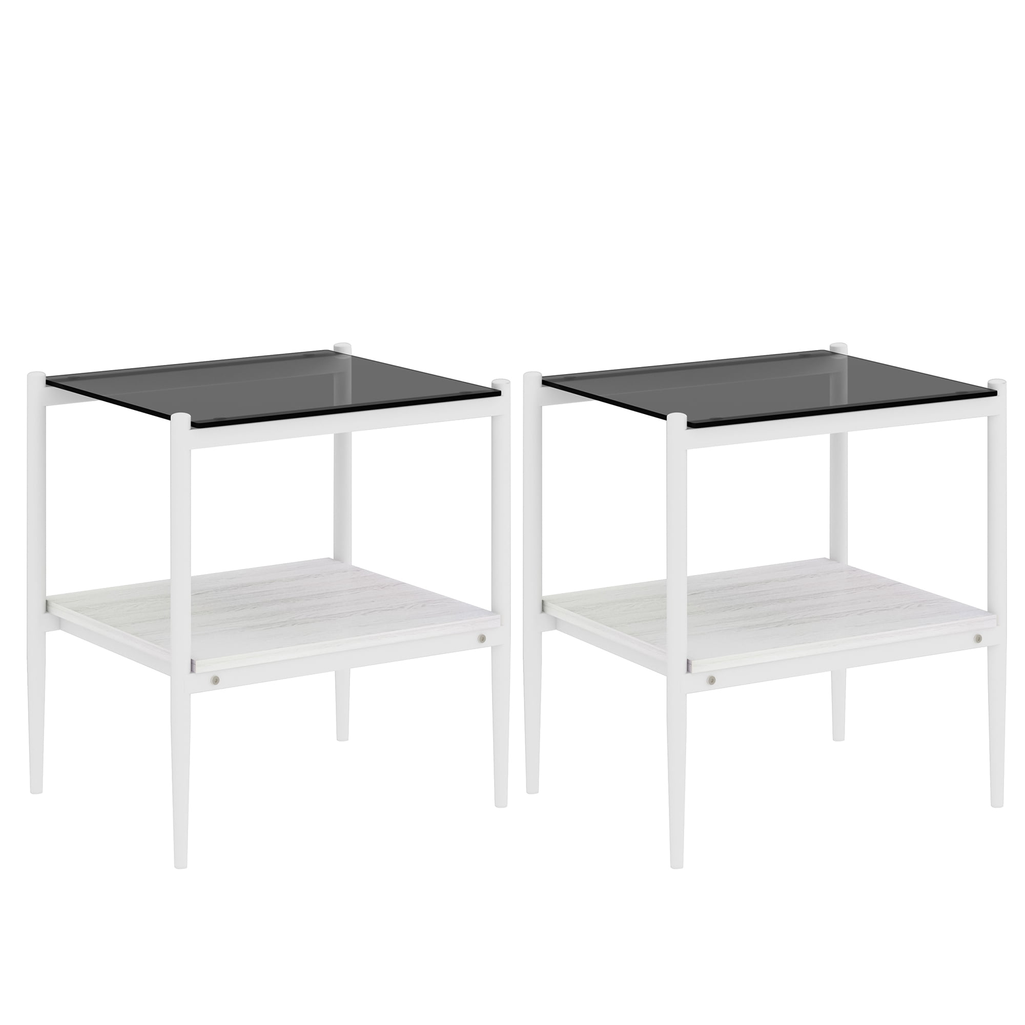 Set of 2 Modern Gray Glass Rectangle End Tables, Tempered Glass Top with MDF Storage Shelf & Iron Legs for Living Room Bedroom