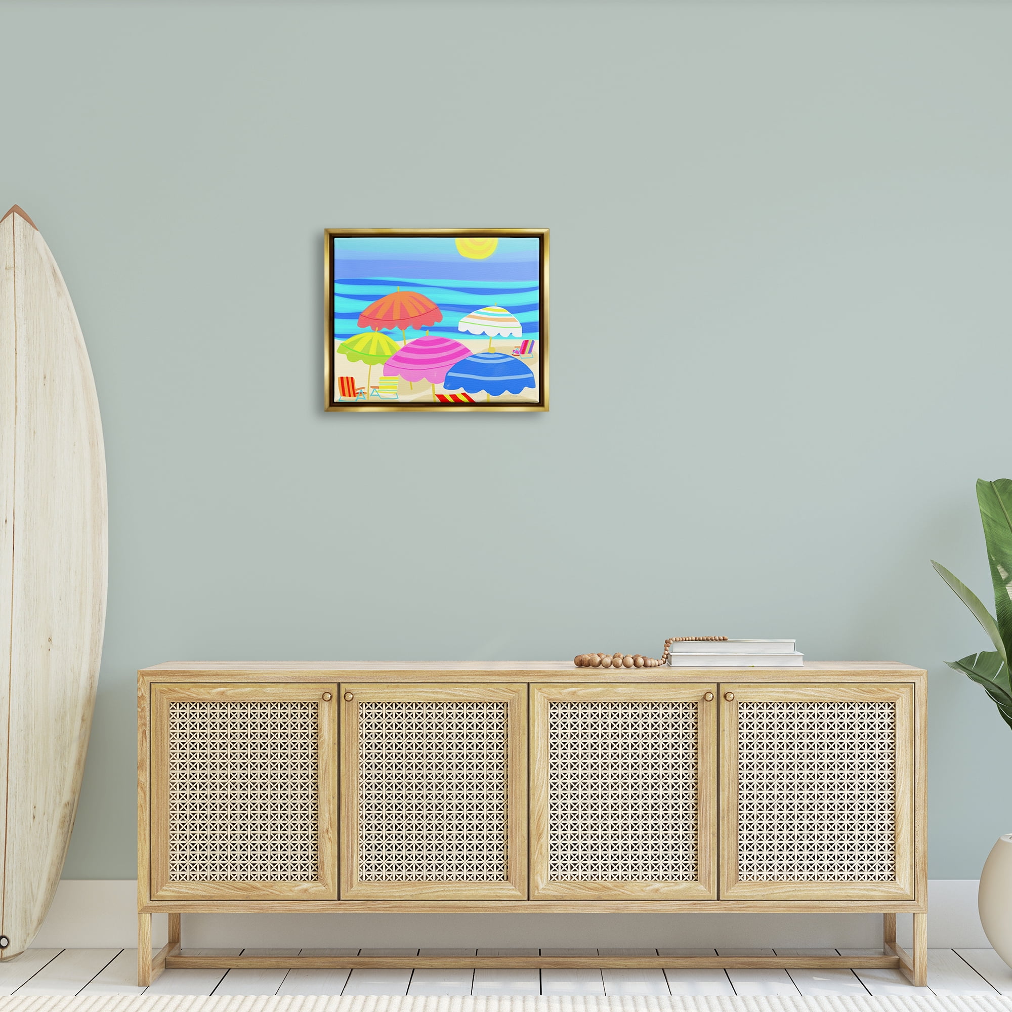Stupell Industries Vibrant Sun Umbrellas Summer Beach Shore Scene Graphic Art Metallic Gold Floating Framed Canvas Print Wall Art, Design by Maret Hensick