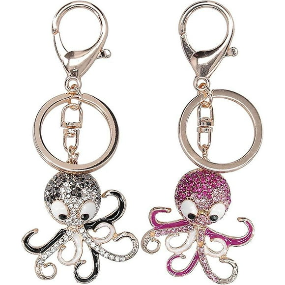 2PCS Cute Octopus Crystal Rhinestones Keychain Animal Keyring Car & Bag Accessory Charm Pendant Gift