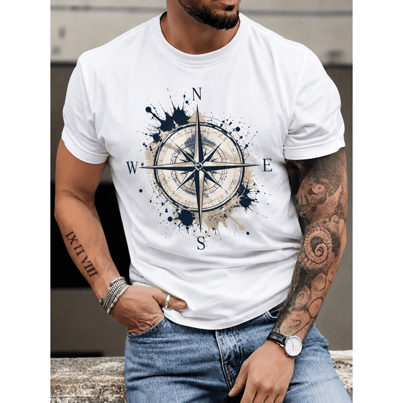 Men's Vintage Compass Graphic T-Shirt, Adventure Navigation Print Short Sleeve Crew Neck Tee, Casual Outdoor Hiking Travel Shirt, Soft Breathable Summer Graphic Top