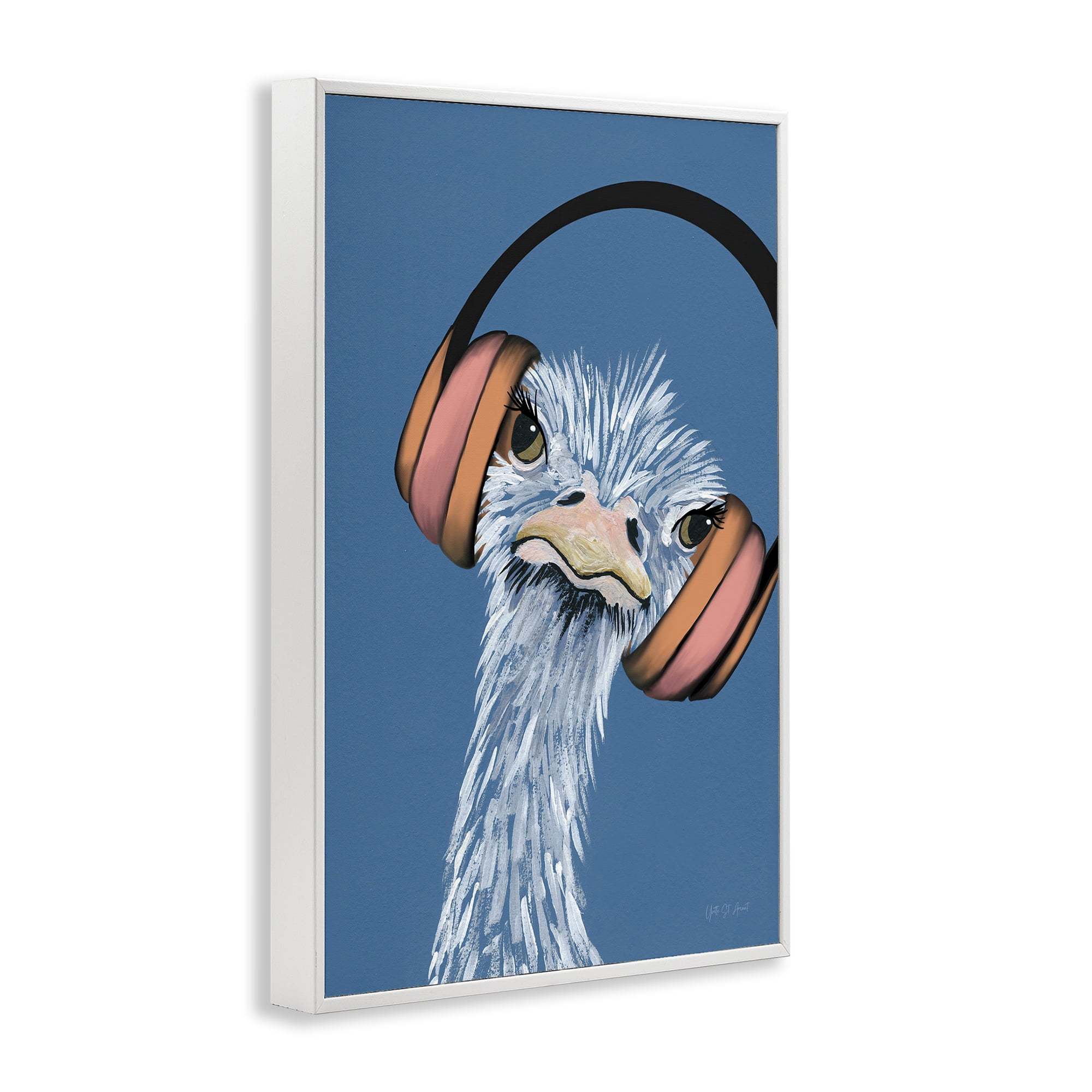 Stupell Industries Ostrich with Headphones Animals & Insects Painting White Framed Art Print Wall Art, 20 x 30