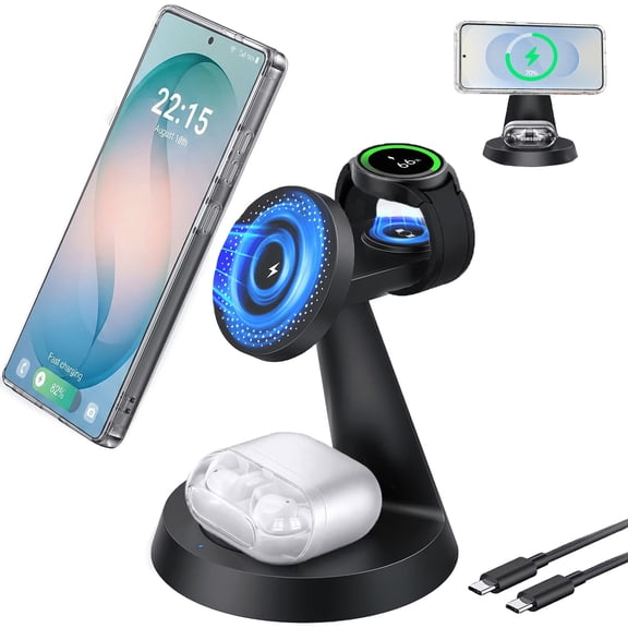 Geyo Magnetic Wireless Charger for Samsung, 3 in 1 Wireless Charger Station for Galaxy S26 Ultra/S25, Watch 8/7/6, Buds, Black (Adapter Not Included)