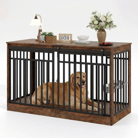 55" Extra Large Dog Crate Furniture, Heavy Duty Wooden Dog Kennel with Sliding Door and 2 Bowls, Indoor Dog Cage and TV Stand Console for Medium Large Dogs, Rustic Brown