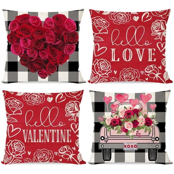 Valentines Pillow Covers 18X18 Set of 4 Rose Heart Truck Floral Black Buffalo Plaid Outdoor Farmhouse Valentines Day Decor Red Decorative Throw Pillow Cushion Case Decorations for Home Couch