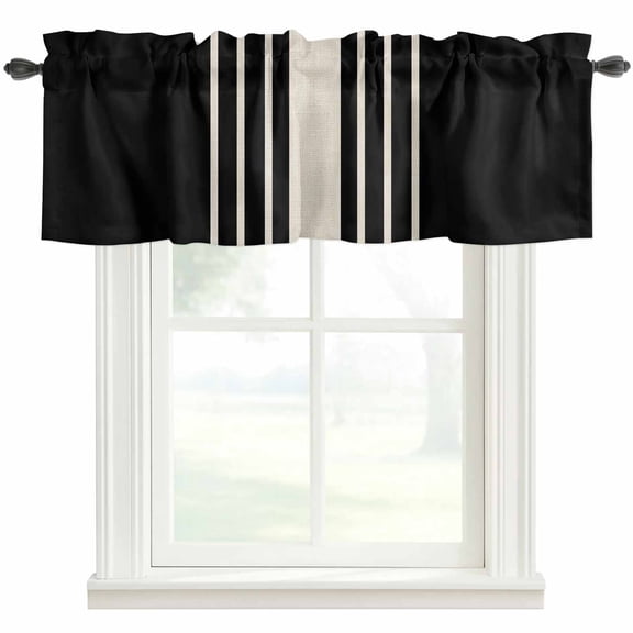 Black Beige Striped Farmhouse Short Window Curtain Valances, Modern Farmhouse Retro Lines Rod Pocket Kitchen Valances for Living Room Bedroom Bathroom Cafe 42" x 12"