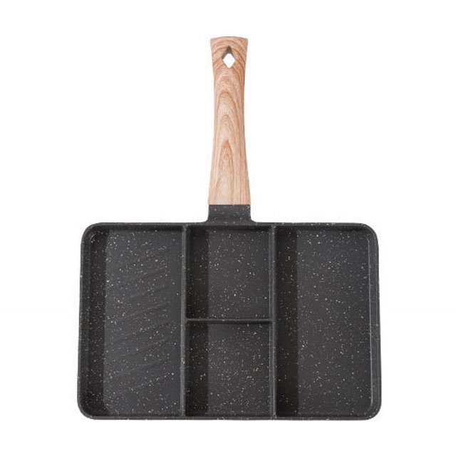 Sartén JilgTeok antiadherente de 4 secciones con revestimiento de piedra, de aleación de aluminio, con división para huevos, con mango de madera para desayuno (35 x 27 cm)