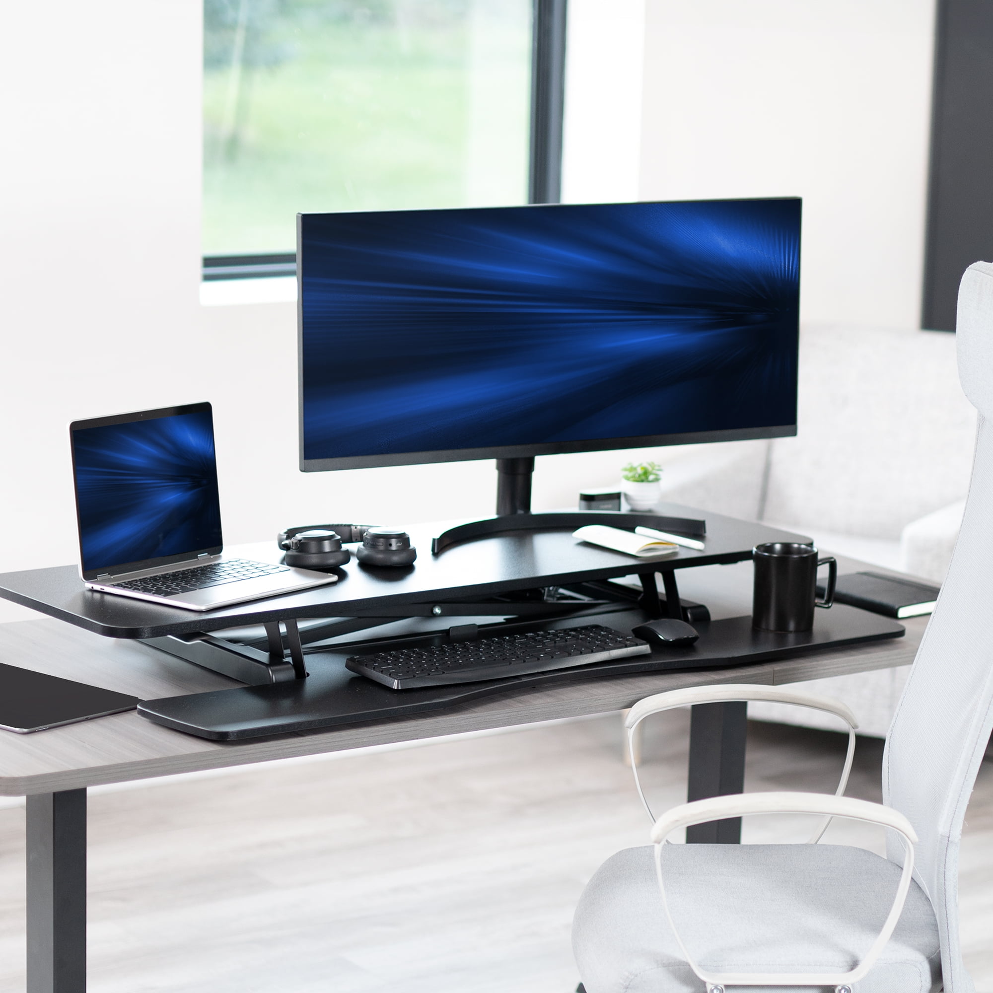 VIVO Black Height Adjustable 48" Standing Desk Monitor Riser, Sit Stand Tabletop