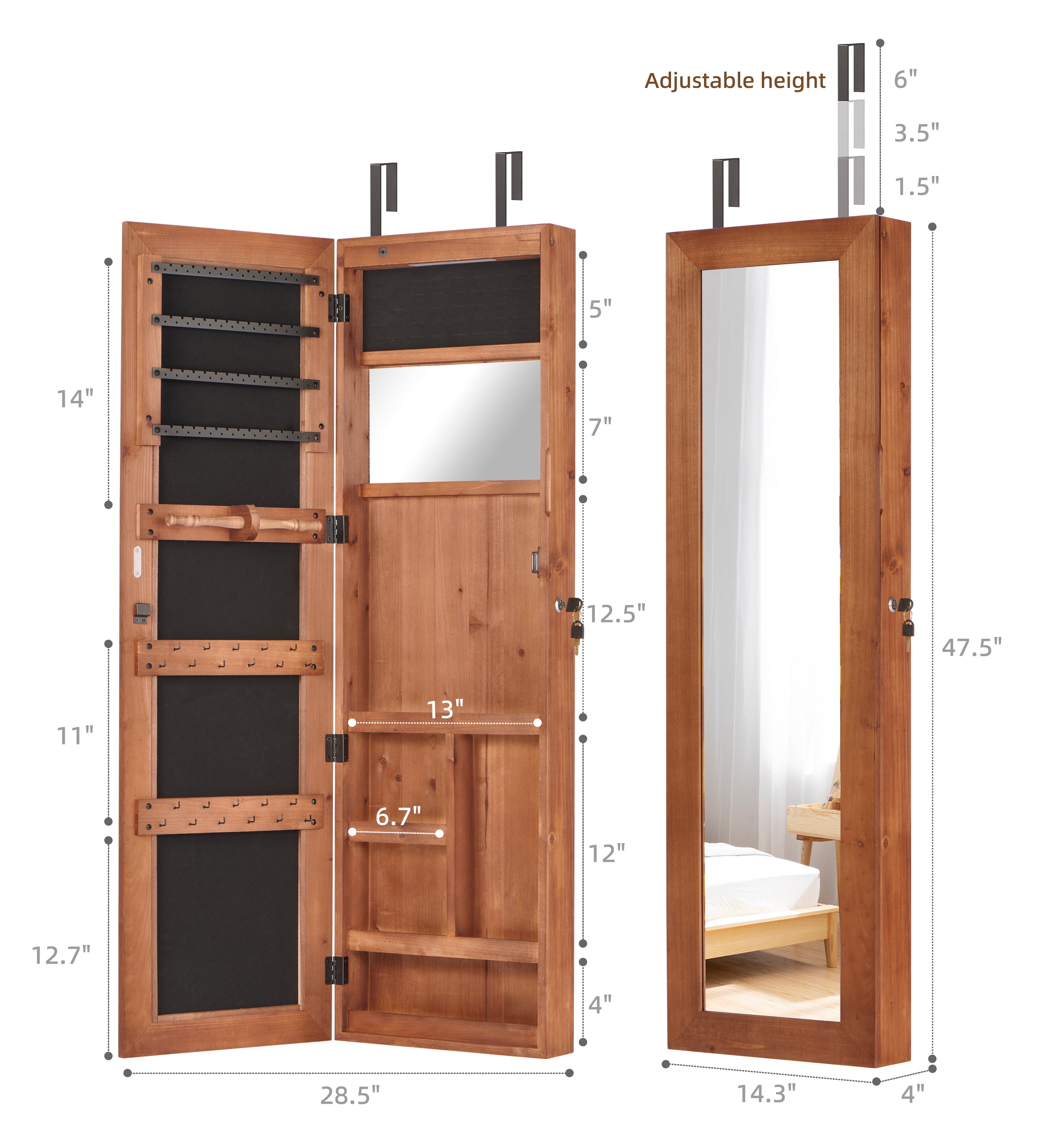 Mintazer Full-Length Mirror Jewelry Cabinet Armoire with LED Lighting & Storage, 2-in-1 Wall/Door Mount Lockable Jewelry Armoire Organizer, Brown