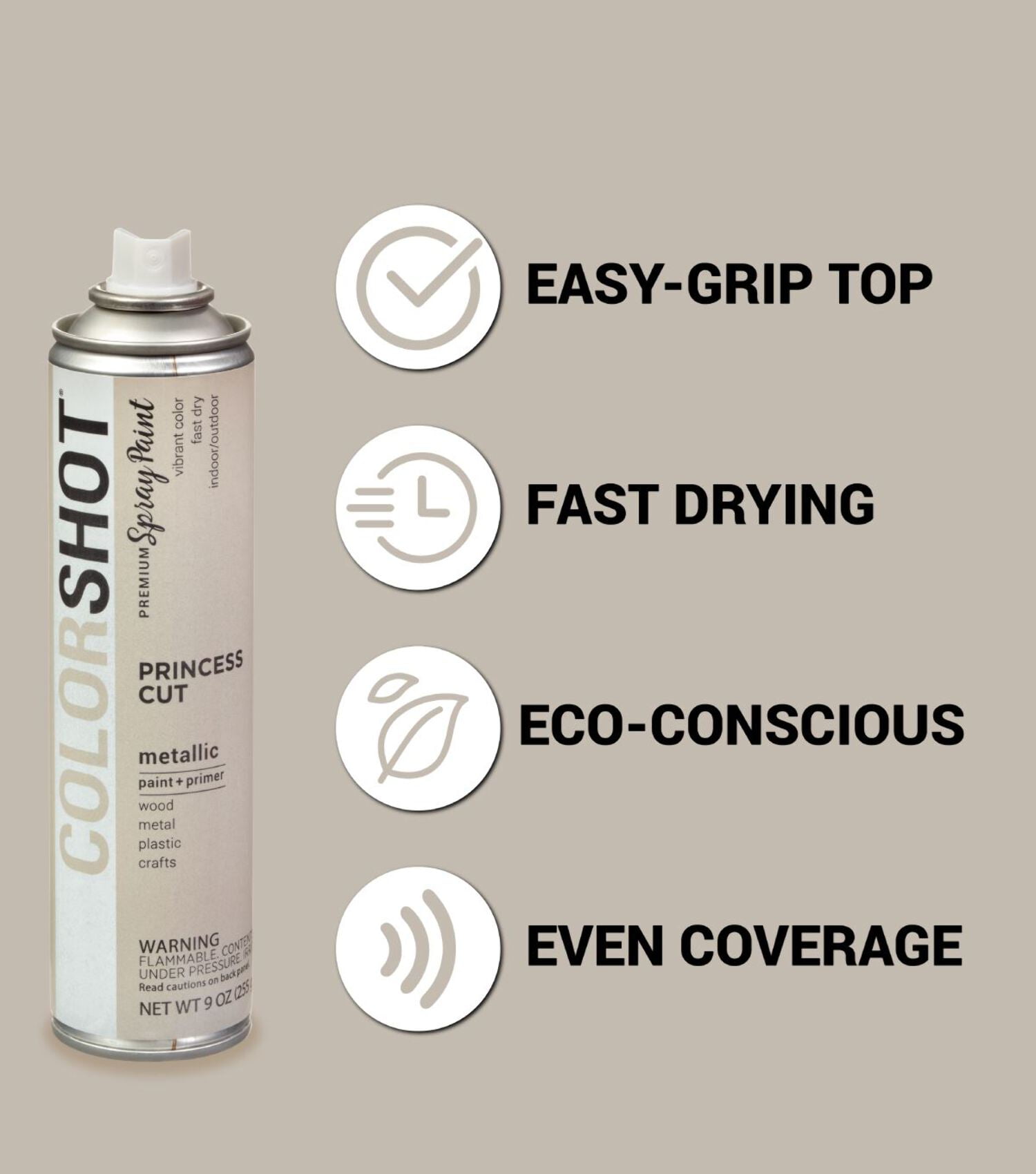COLORSHOT Metallic Spray Paint, Princess Cut (Nickel) 9 oz. 4 Pack, Fast-Drying Acrylic Paint, Indoor & Outdoor Use