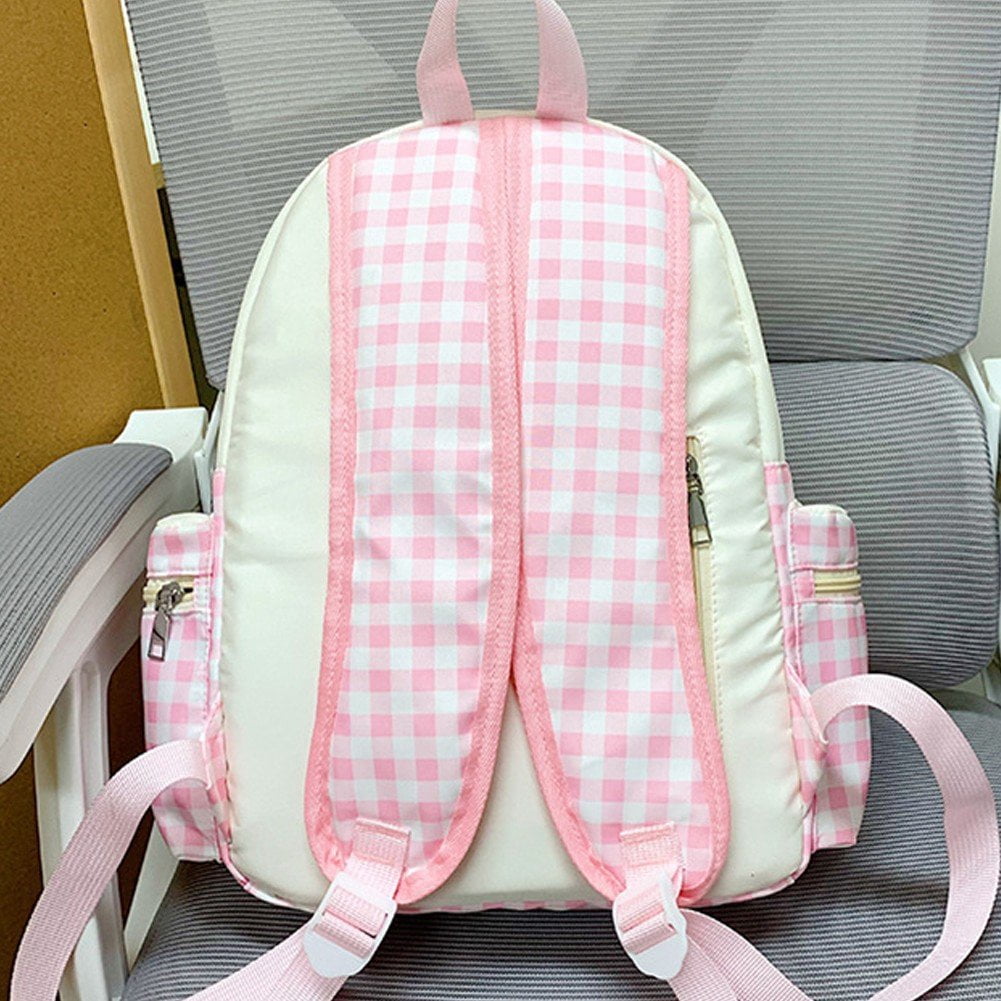 Yvsxxv Strawberry Plaid Backpack, Cute Korean Style Bow Daypack