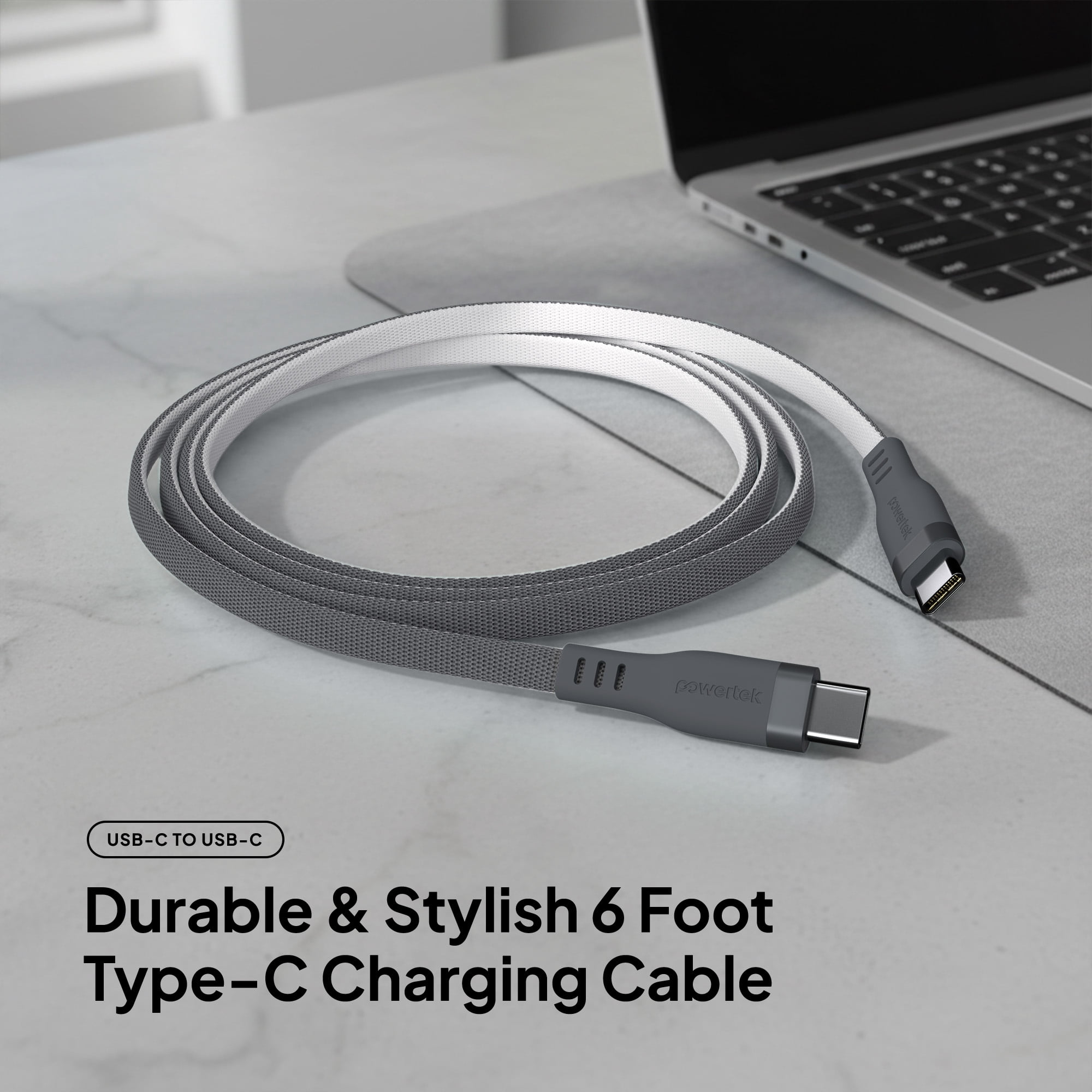 Powertek USB-C to USB-C Two-Tone Pastel Fast Charge Cable, 6 ft, Grey