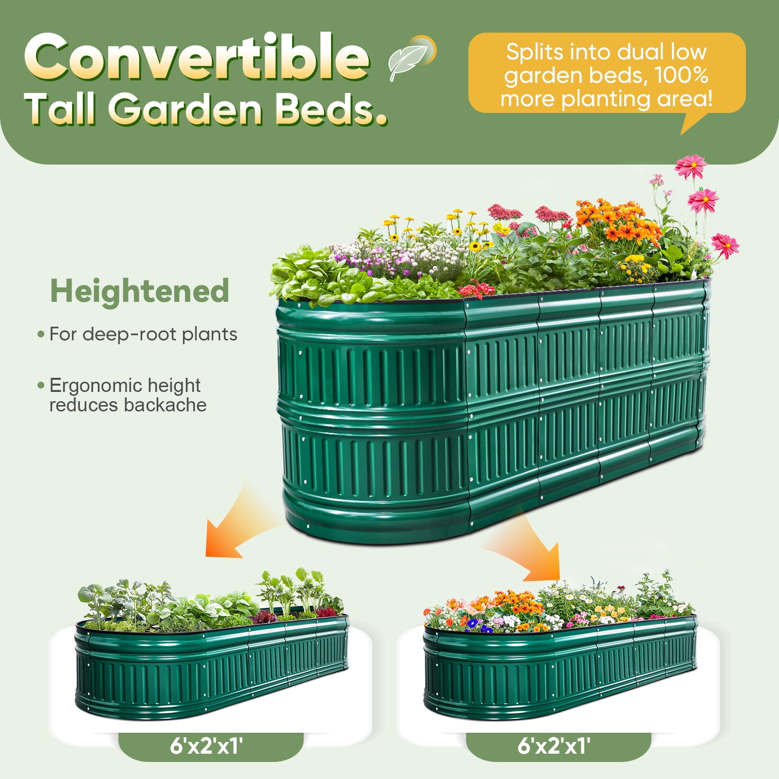 King Bird 6x2x2 ft Raised Garden Bed Kit Elevated Planter Box Galvanized Steel for Indoor Outdoor for Vegetables Flowers Patio Gardening 2 in 1 Dark Green