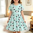 thumbnail image 2 of Children Kids Girls Summer Dress Short Sleeve Round Neck Cute Animal Print Flowy Loose Fit Comfortable Dresses For Daily Wear,Mint Green,5-6 Years, 2 of 5
