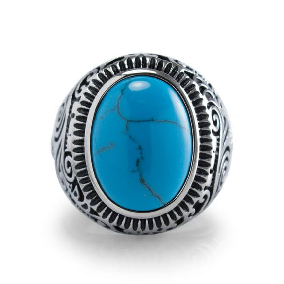 555Jewelry Classic Stainless Steel Rings for Men, Retro Vintage Celtic Seal Oval Blue Turquoise Ring for Men, Signet Ring for Men, Mens Stone Ring Band, Silver, Size 12