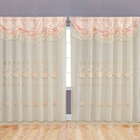 Peach Pink Room Decor Embroidery Sheer Valence Window Curtain