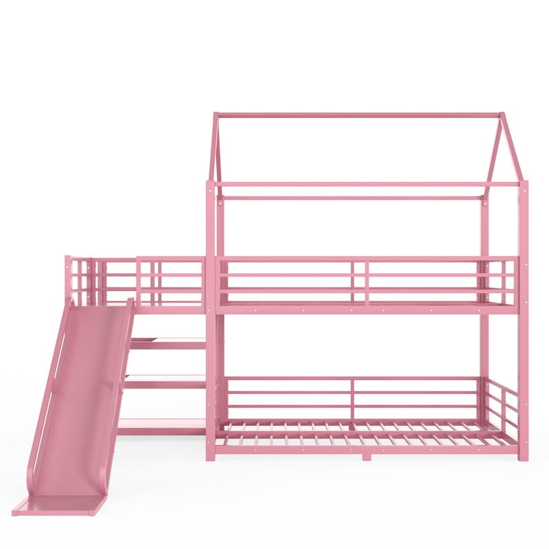 Twin-Over-Twin Metal House-Shaped Bed Frame with Multi-Functional Storage Stairs, Kids Bunk Bed with Slide