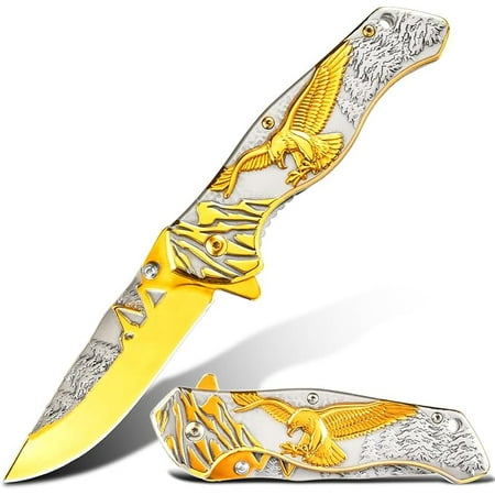 Pocket Knife for Men Cool Folding Knife With 3D embossed Bald Eagle Great Gift Edc Knife For Men Outdoor Survival Camping Hiking Hunting (Eagle)