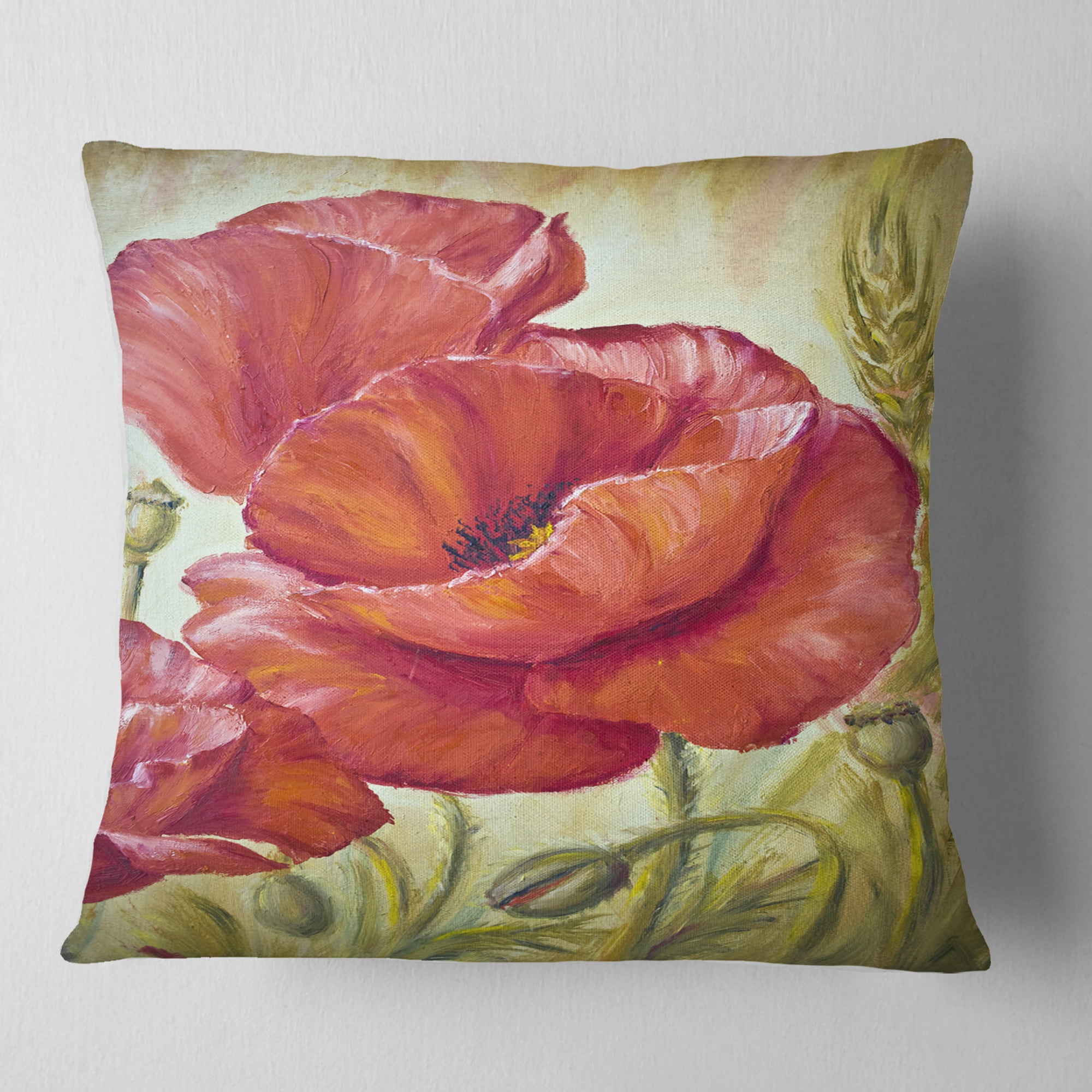 Designart Poppies in Wheat - Floral Throw Pillow - 18x18