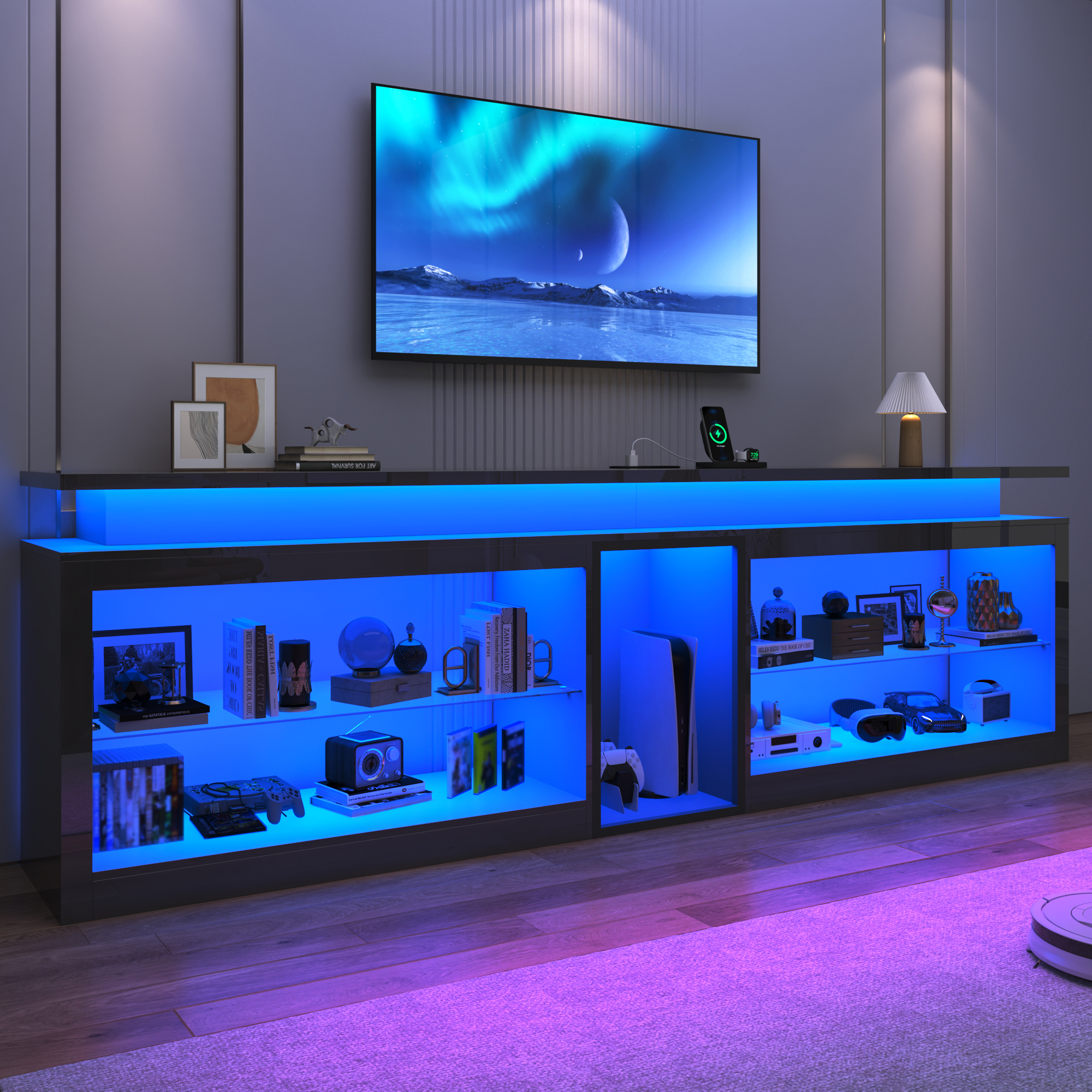 Chvans Modern LED TV Stand for TVs up to 115", High Gloss Black photo 2