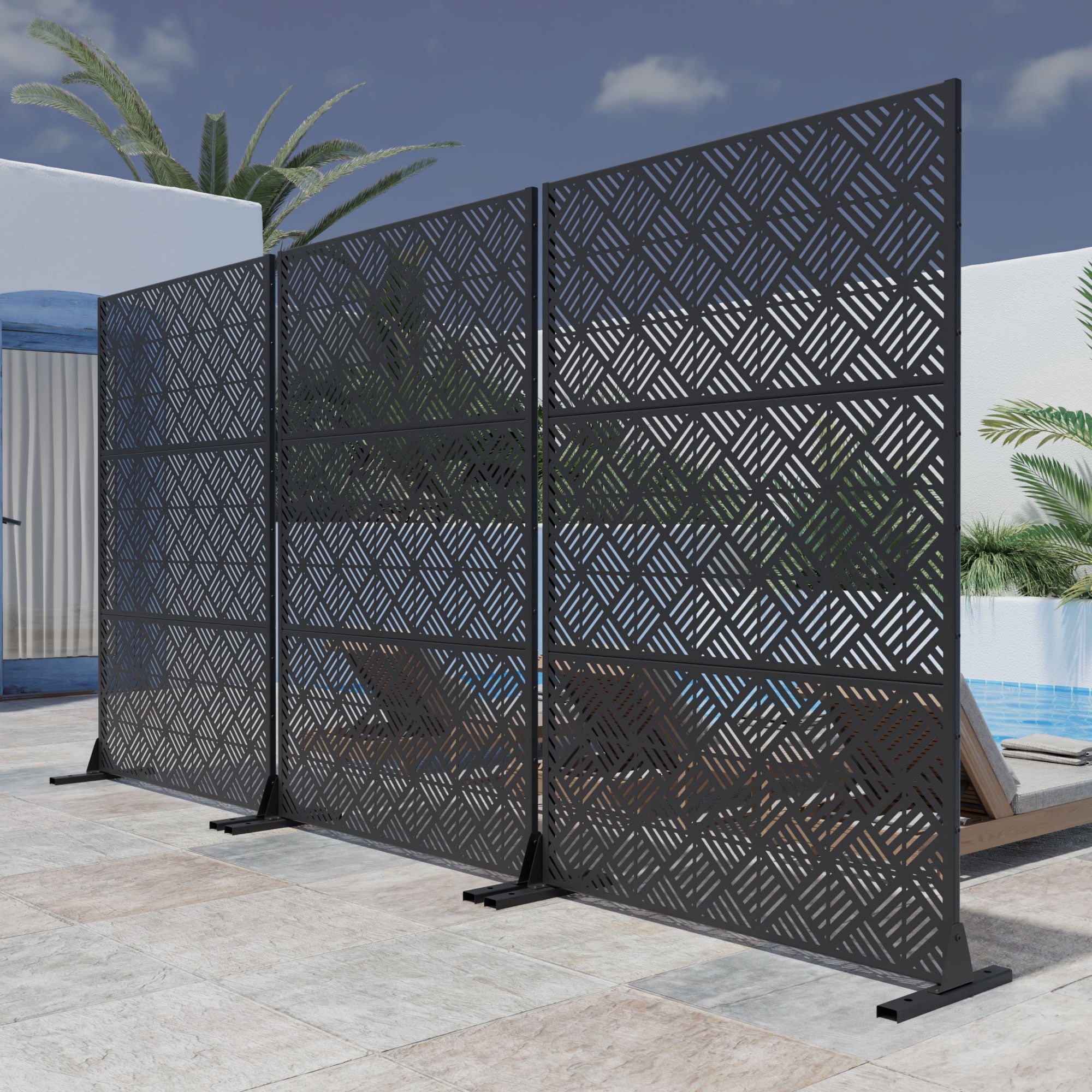 MAYEERTY 72*47" Outdoor Black Metal Freestanding Panel Screen for Patio, Diamond Woven Pattern