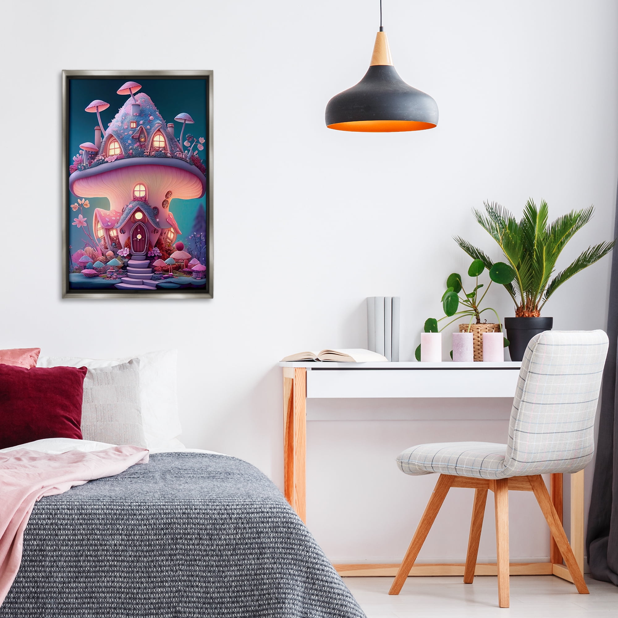 Stupell Industries Mystical Mushroom House Town & City Painting Gray Floater Framed Art Print Wall Art, 21 x 31