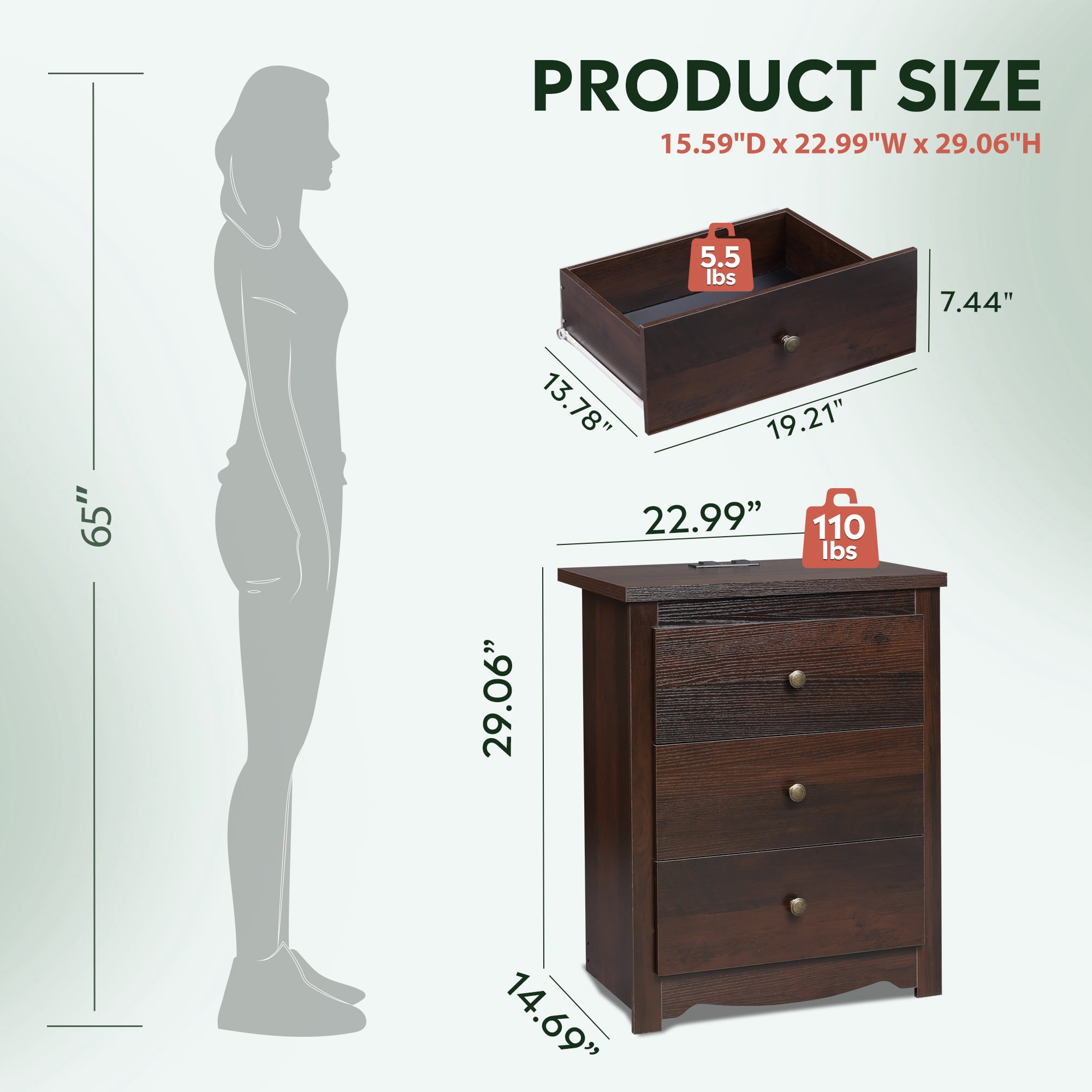 GALAXHERO Tall Espresso Nightstand with Charging Station and 3 Drawers, Wood Bedside End Table with 2 USB Ports & 2 AC Outlets for Bedroom Living Room Dorm