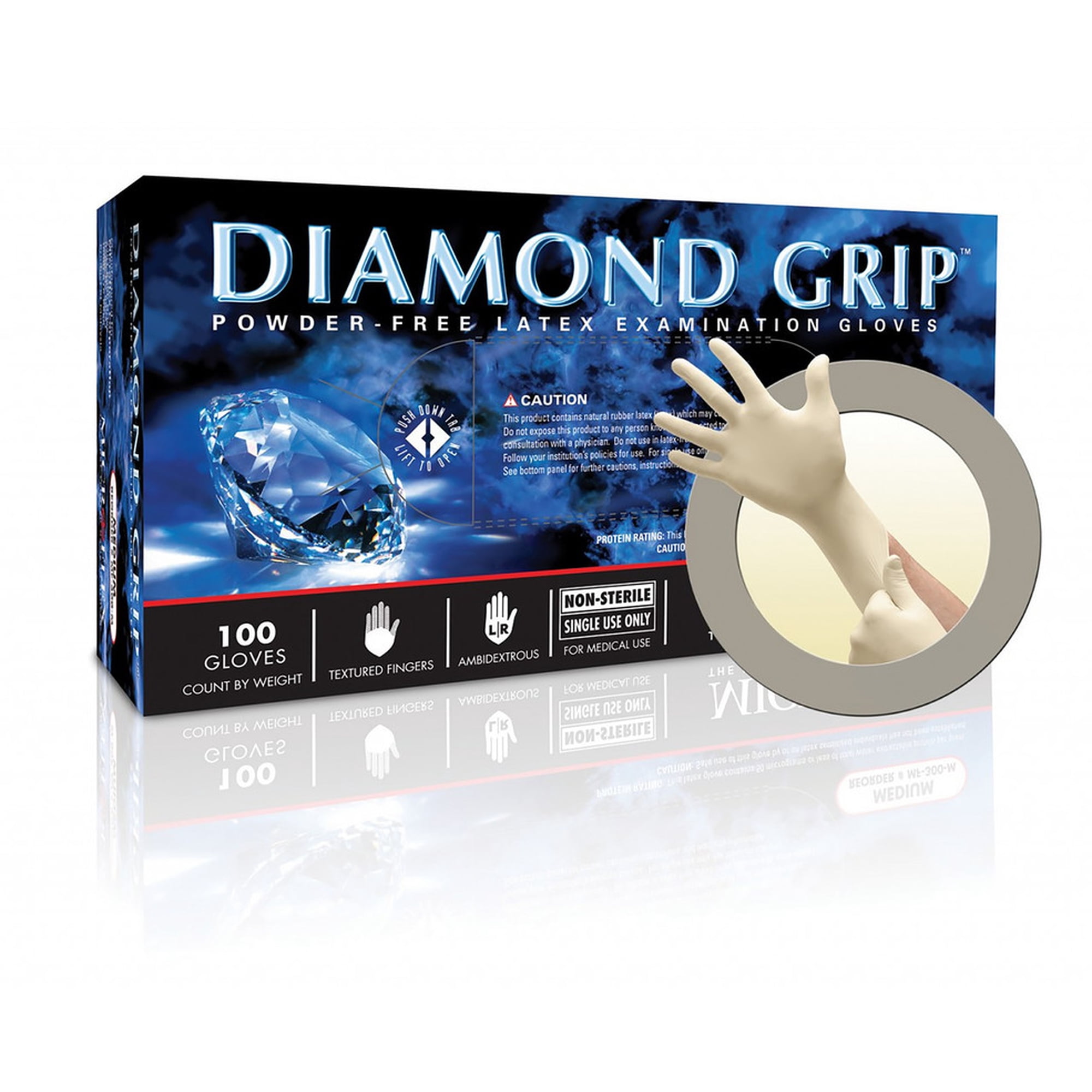 Diamond Grip MF-300-M Latex Powder-Free Disposable Gloves, Size Medium, Natural, 6.3 mil Palm / 7.9 mil Finger, 100/Box