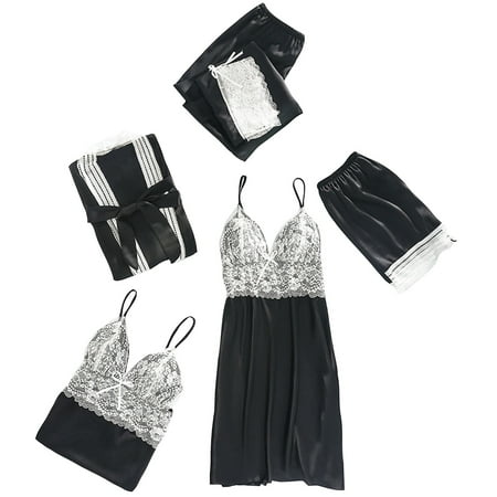50% off Clear! HAPIMO Discount 4 Piece Pajamas Set for Women Silk Lace Robes Plush Fleece Sleepwear Soft Warm Bathrobe Housecoat Pajamas Dress Babydoll Nightgown Black M