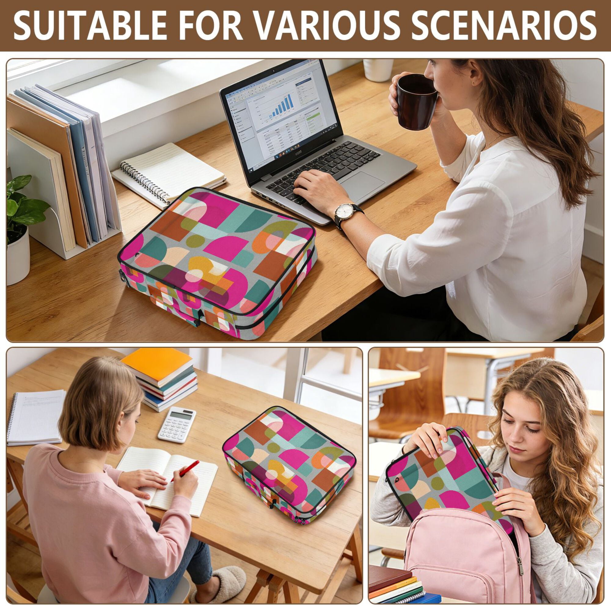 FORMRS Accordion File Folder A4 Size 7-Pocket Expanding Document Organizer Bag with 3 Ring Binder, Abstract Geometric Pattern
