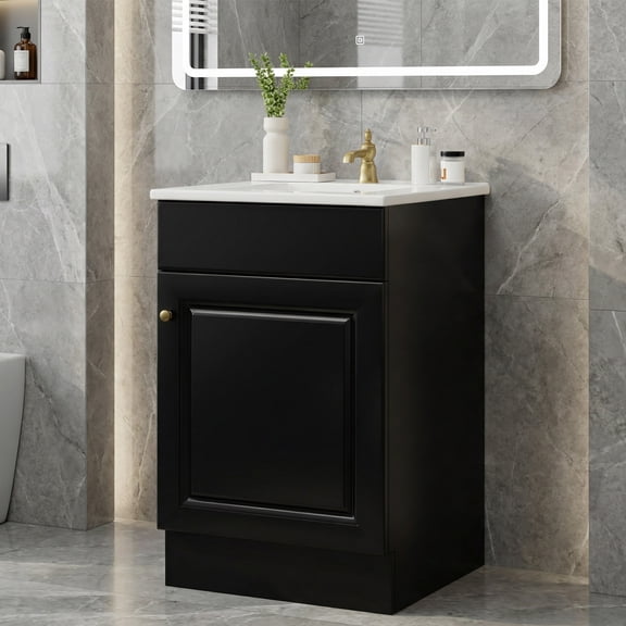 20" Bathroom Vanity with Sink, Freestanding Vanity Cabinet with Door Shelf and 1 Adjustable Shelf, Black