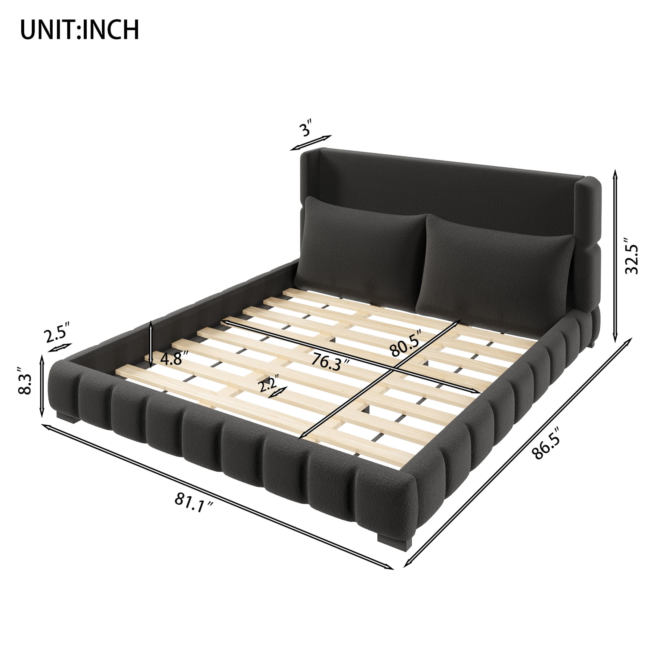 Noble House Rowena King Size Velvet Upholstered Platform Bed with Matching Pillows, Sturdy Wood Frame, Black