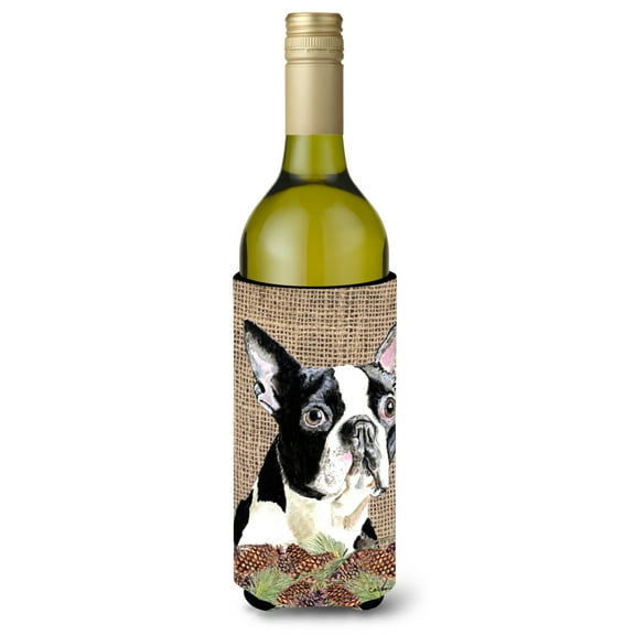 Boston Terrier Faux Burlap and Pine cones Wine Bottle Hugger