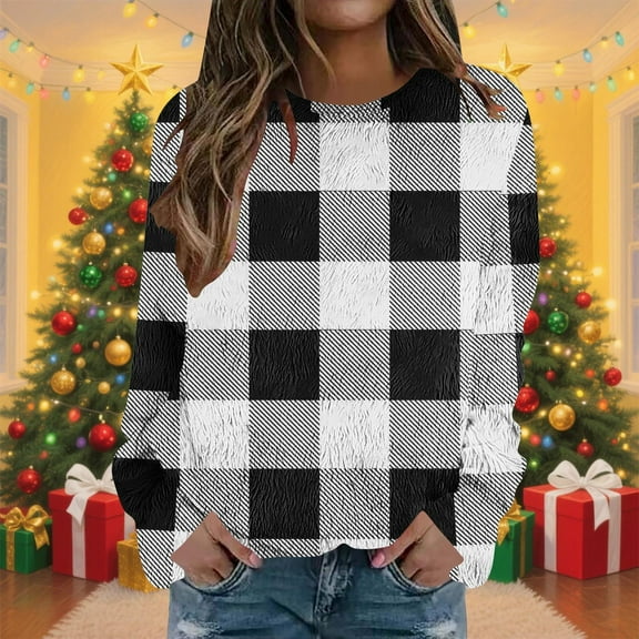 JUSLIO Plaid Womens Tops Warm Fleece Blouses Graphic Long sleeve Round Neck Blouses Black L