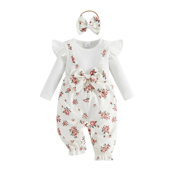 Loicainy Infant Baby Girls Fall Romper Outfits 3 6 9 12 Months Rose Print Long Sleeve Jumpsuit and Headband Set