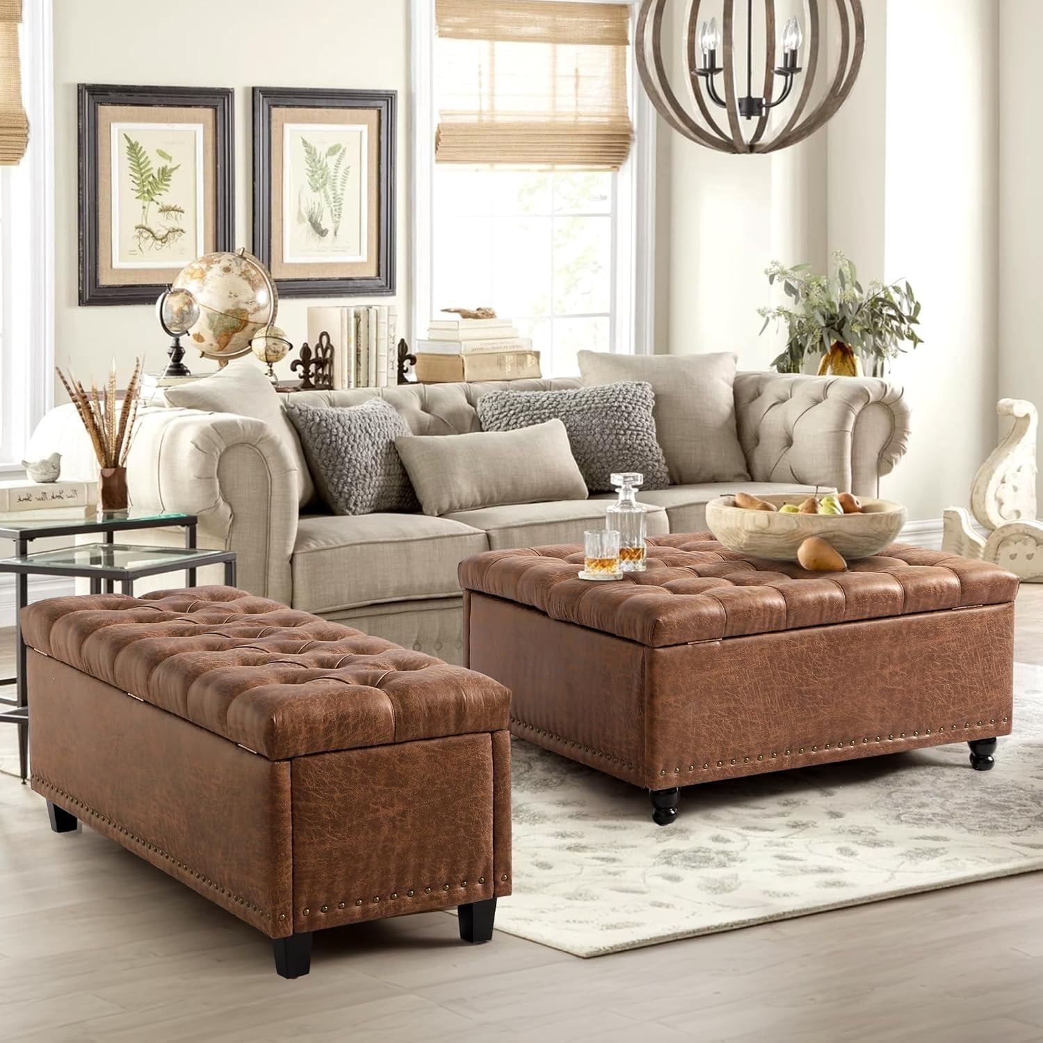Haverchair 35.5" Large Storage Ottoman Coffee Table, Square Ottoman Bench with Storage, Lift Top Oversized Storage Ottomans, Tufted Upholstered Coffee Tables for Living Room, Bedroom (Brown)
