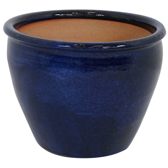 Sunnydaze Chalet High-Fired Glazed UV- and Frost-Resistant Ceramic Outdoor Planter with Drainage Holes - 14.5" Diameter - Imperial Blue