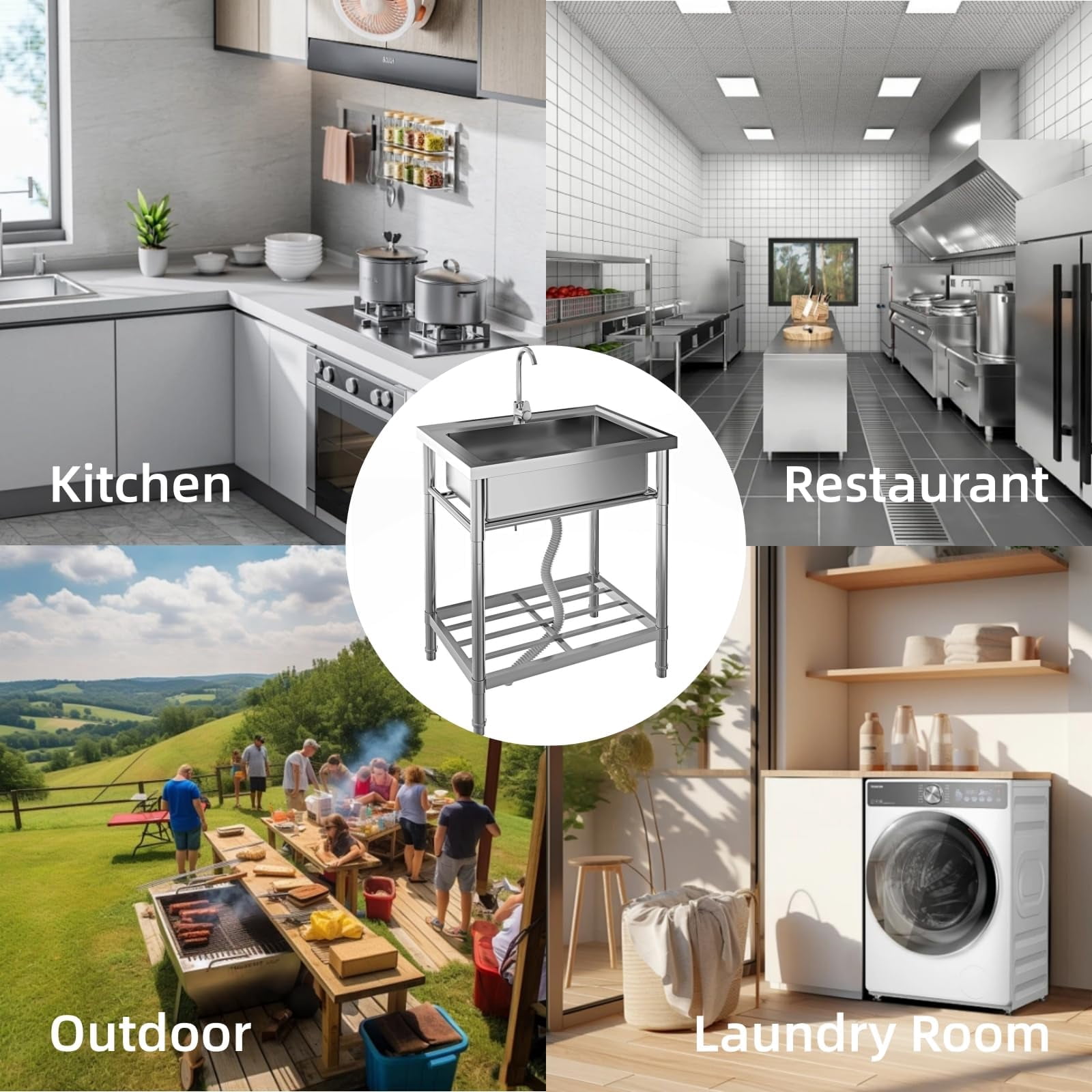 Luku Stainless Steel Utility Sink, Freestanding Single Bowl with Faucet & Adjustable Legs
