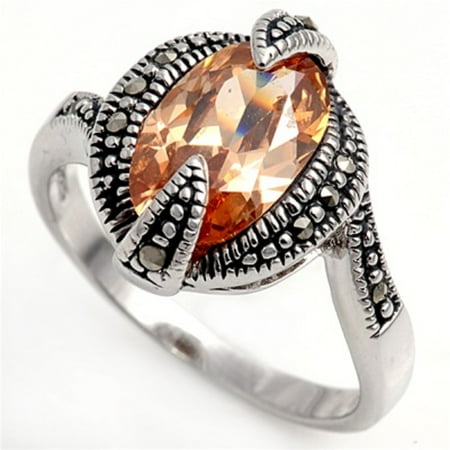 - Round Champagne Simulated Marcasite Cubic Zirconia Center Vintage Style Ring Sterling Silver