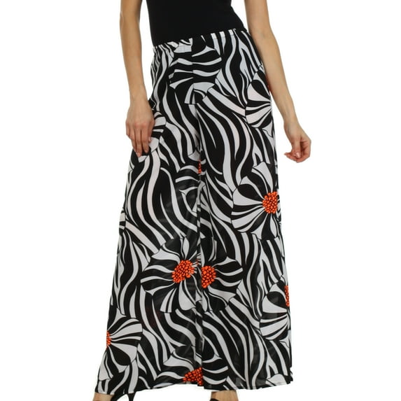 Sakkas Patterned Chiffon Wide Leg Palazzo Pant - Floral Orange - S/M