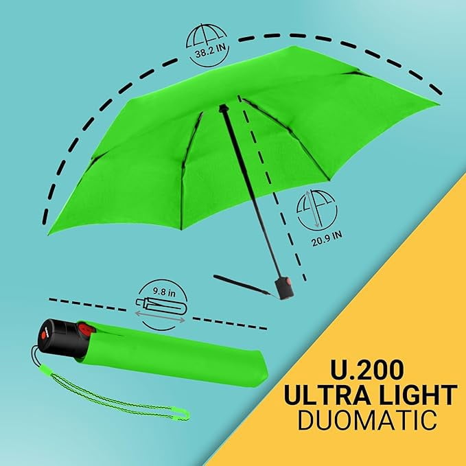 Knirps U.200 Ultra Light Automatic Rain Umbrella in Neon Green – One-Touch Auto Open/Close, Wind-Tunnel Tested, 37in Canopy, Aluminum Fiberglass Frame, Pocket-Size Travel Umbrellas, Cover Included