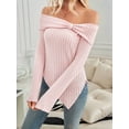 thumbnail image 2 of Womens Cute Bow-Knot Off Shoulder Knitted Sweater Shirt Tops Side Slit Pullover Trendy Y2k Aesthetic Clothes Pink XL, 2 of 8