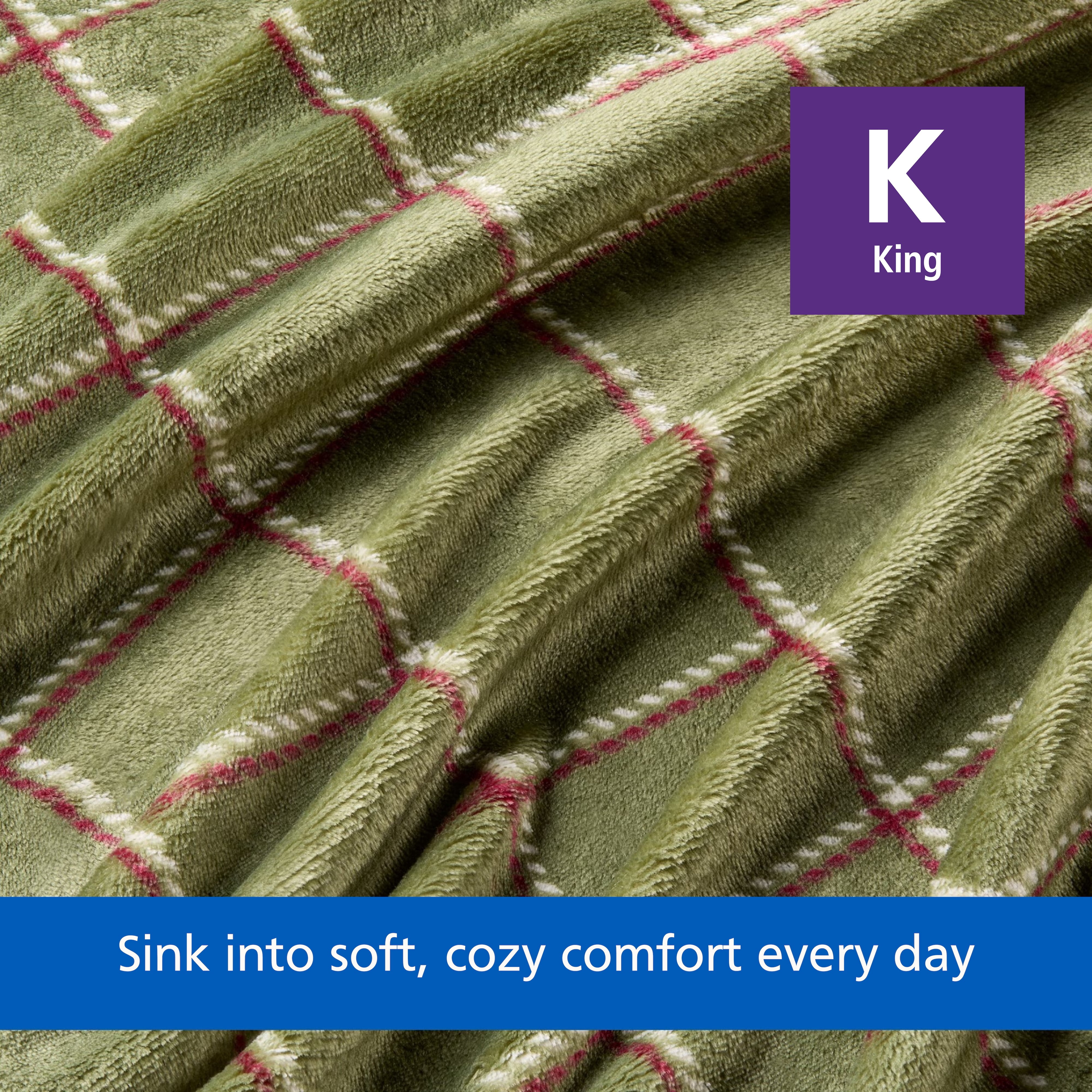 Mainstays Velvet Plush Bed Blanket, Green Check, King Size