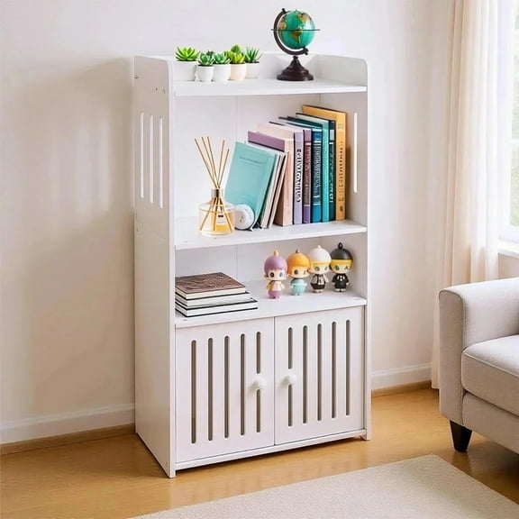 PinkSheep Small Bookcase with Doors, 4 Tier Open Shelf  Bookshelf with Storage Cabinet for Living Room Bedroom Bathroom White
