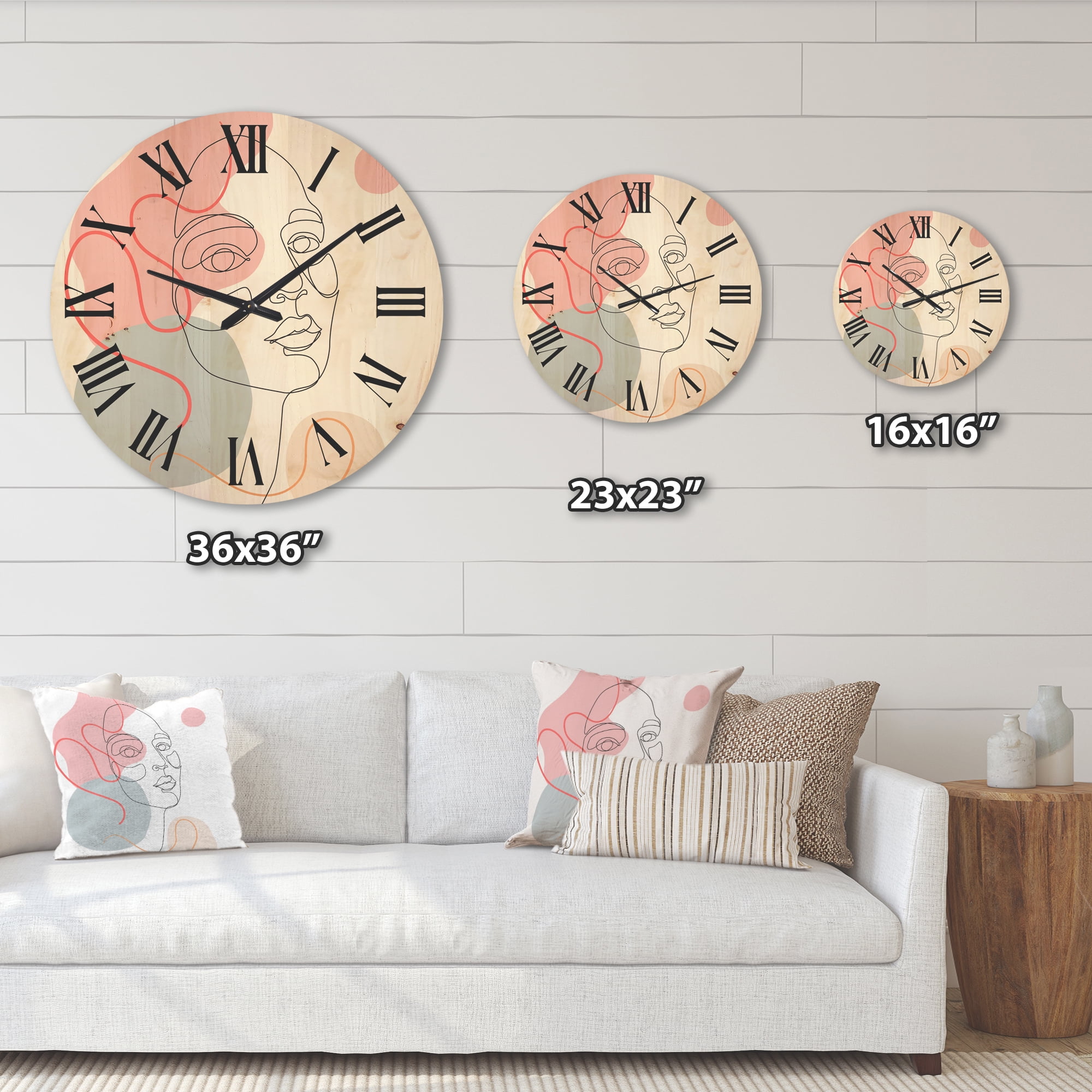 Designart 'One Line Drawing of Young Girl In Pastel Tones' Modern Wood Wall Clock