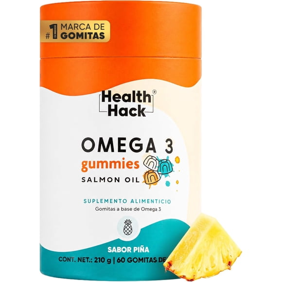 Omega 3 Gummies Health Hack con DHA y EPA Sabor Piña sin Azúcar 60 Gomitas