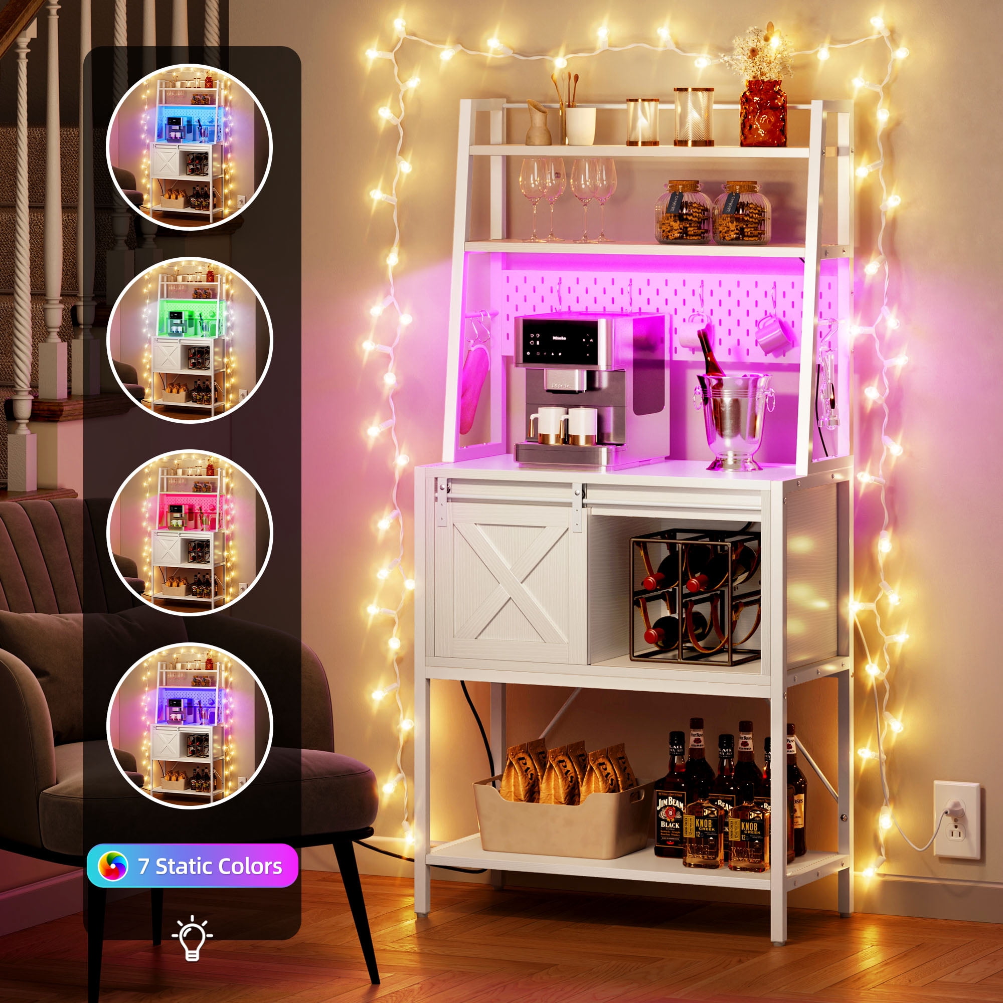 DWVO 65" Kitchen Baker's Rack with Power Outlet and LED Light, 5-Tier Microwave Stand with Hutch & Barn Door, White