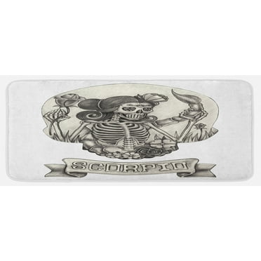 Zodiac Scorpio Kitchen Mat, Human Skeleton Sugar Skull Design Dead Woman with Flowers Vintage, Plush Decorative Kitchen Mat with Non Slip Backing, 47" X 19", Beige Black White, by Ambesonne